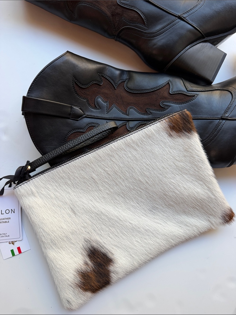 MARLON Firenze Hair-on-Hide Cowhide Leather Wristlet Clutch White Brown